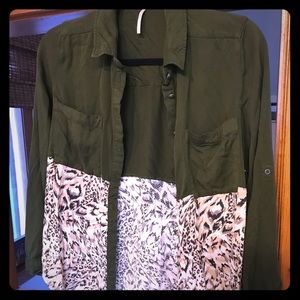 Free People Green & Leopard Button Down